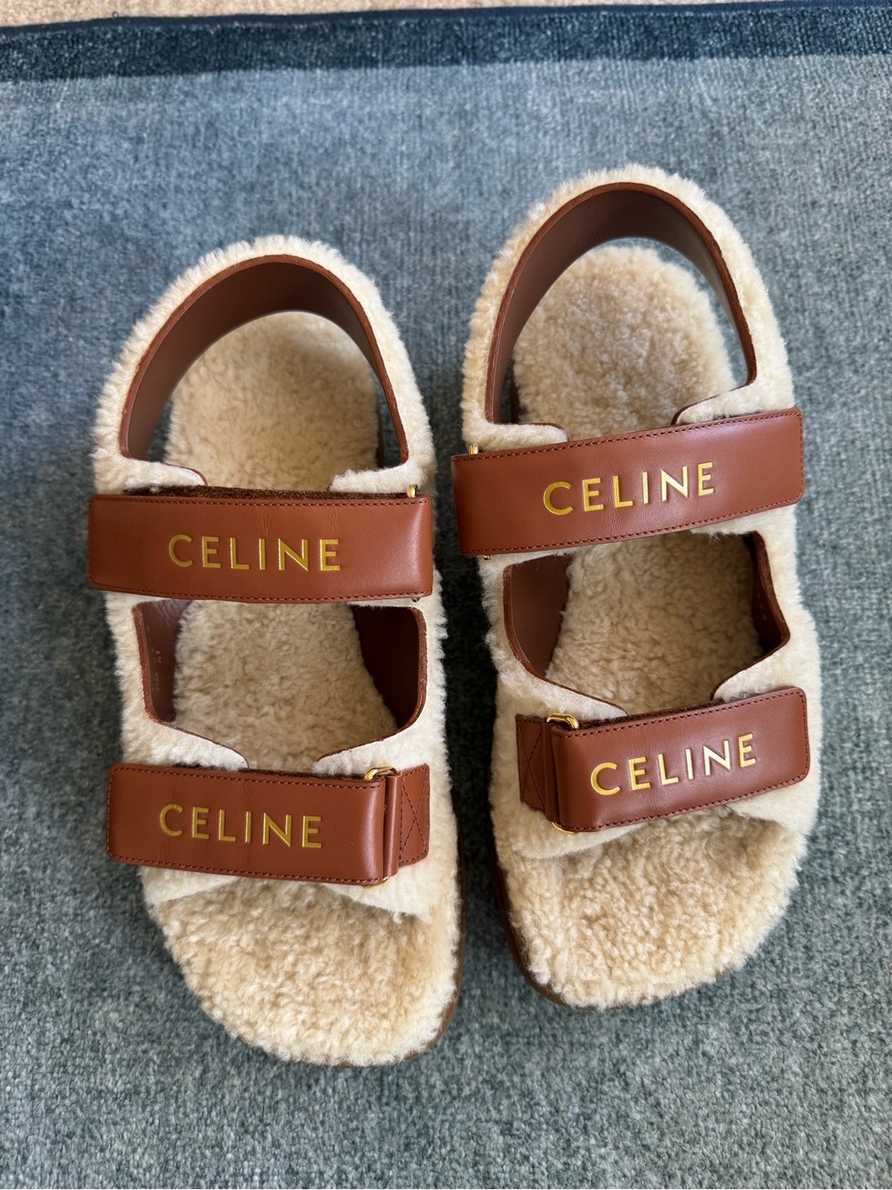 Brand new Celine Leo Scratch Leather and Cream Shearling Sandals Sz 10
